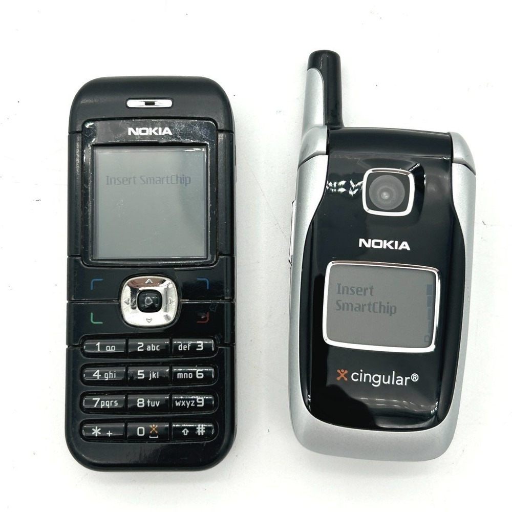 VTG Bundle of 2 Nokia Cell Phones w/Flip Phone and Chargers Powers On Needs SIM